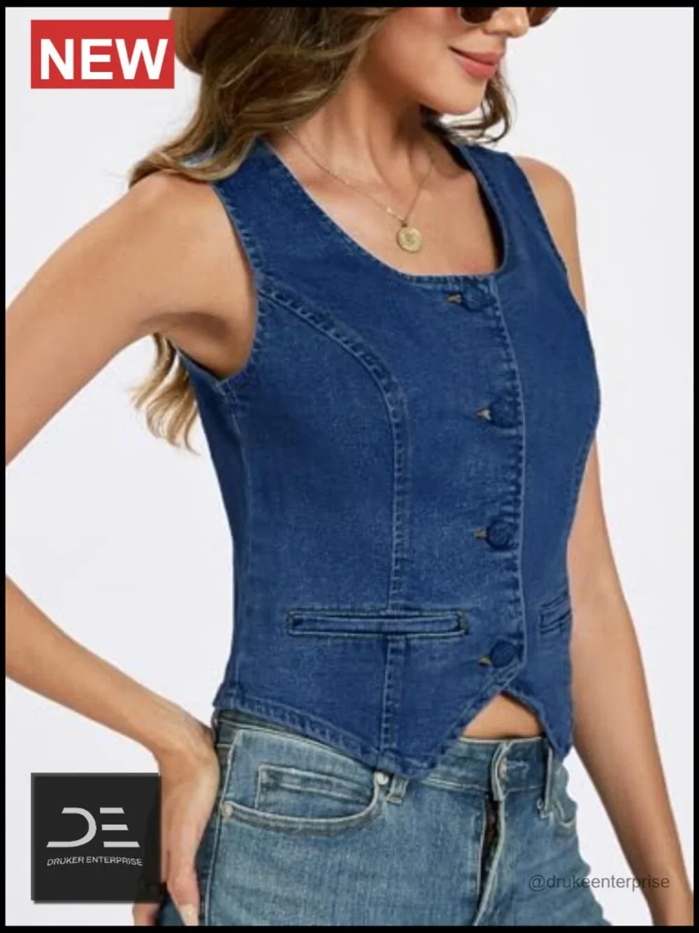 Crop Denim Vest Button Down Square Neck Sleeveless Jean Top Waistcoat